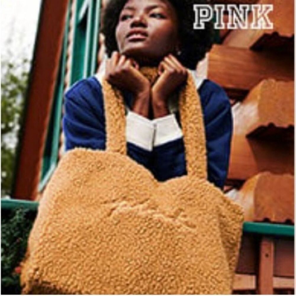 Victoria’s Secret PINK Cozy Plush Teddy Bear Warm Tan Brown Tote Bag
